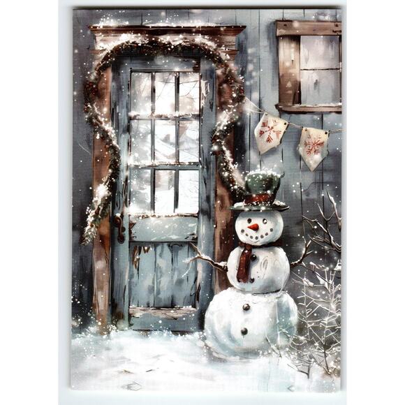 Vintage Christmas Snowman with Garland Door Lithograph Postcard 5.5x4 - Picture 1 of 2